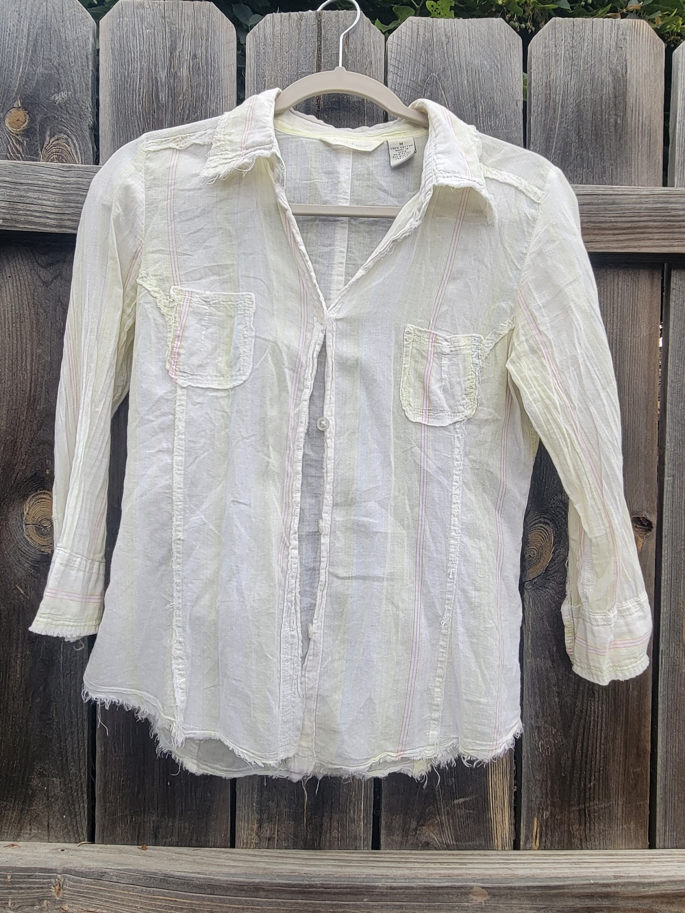 Fresh Wear Button Shirt Womens Large Cotton Coastal Pinstripe Frayed Lightweight